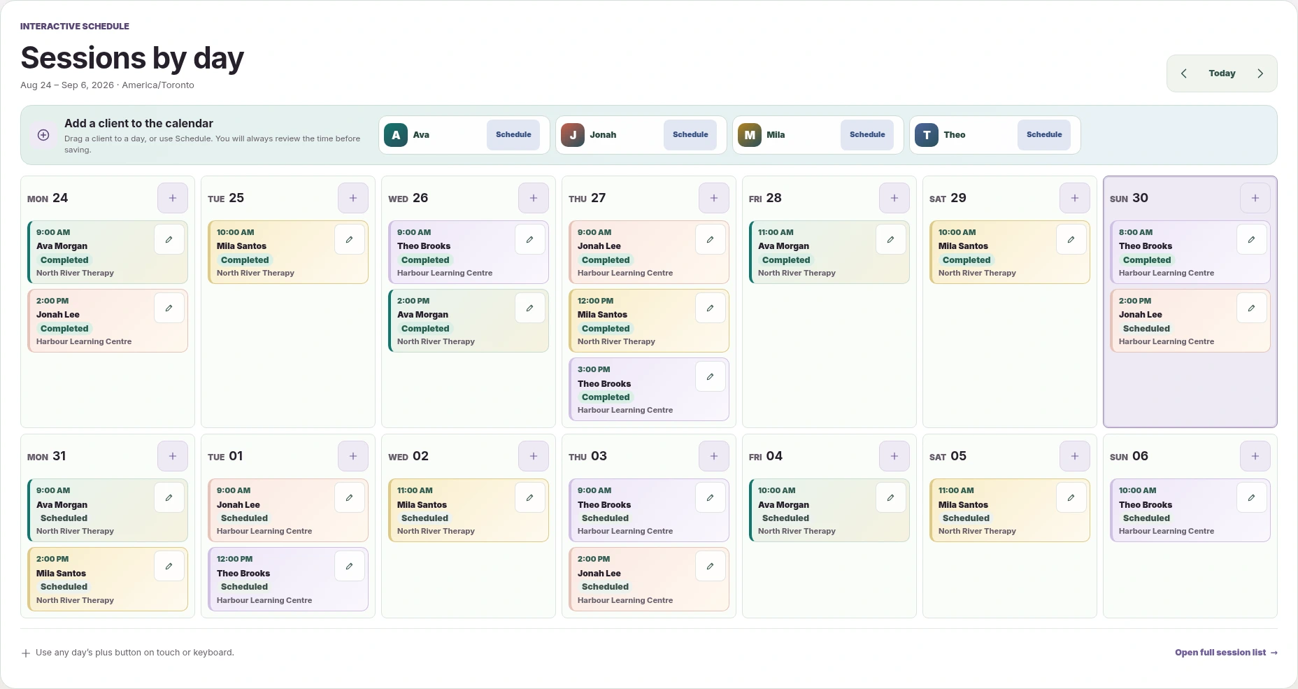Current Practitioner demo calendar with fictional profile-linked sessions