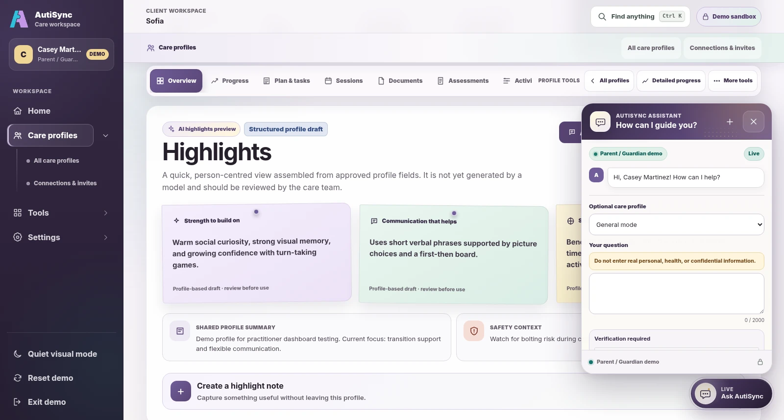 Ask AutiSync open beside a fictional care profile.