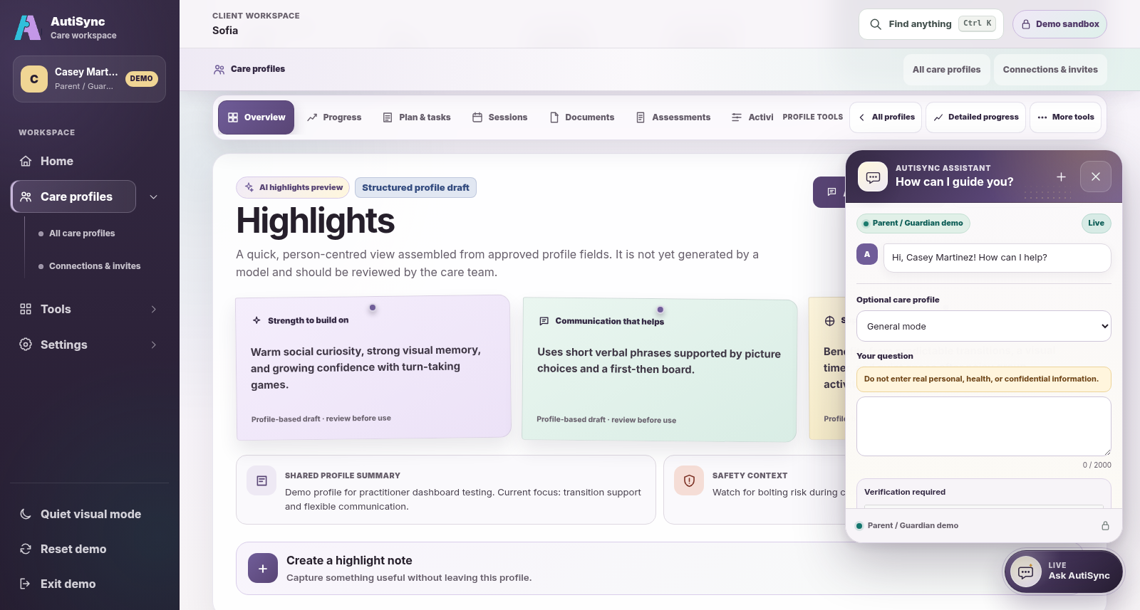 Current Ask AutiSync panel open in the eligible Parent / Guardian demo perspective