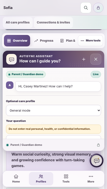 Ask AutiSync panel open in General mode in the current Parent / Guardian phone demo; no prompt or reply is shown