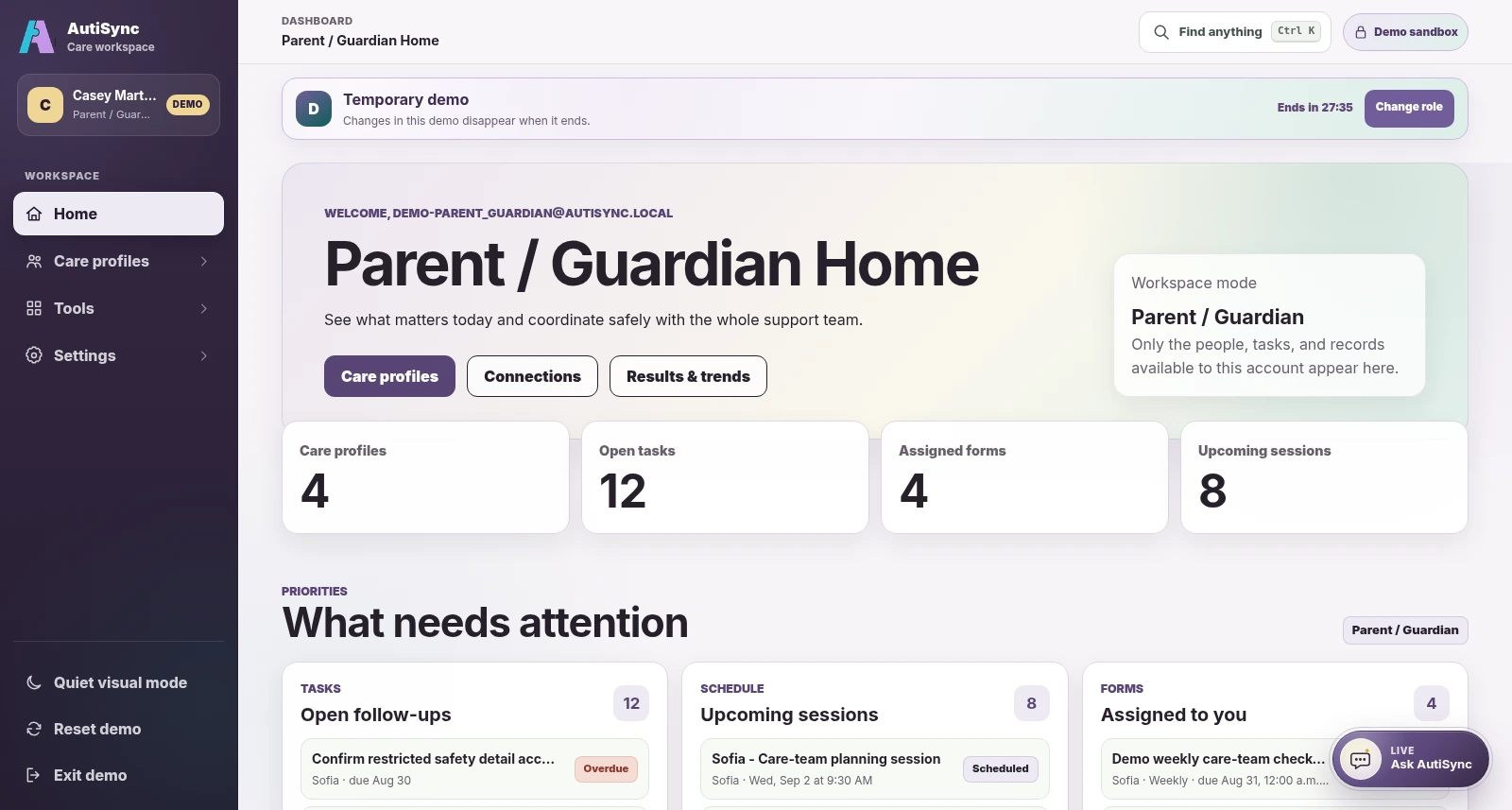 AutiSync Parent and Guardian demo dashboard with shared care updates.