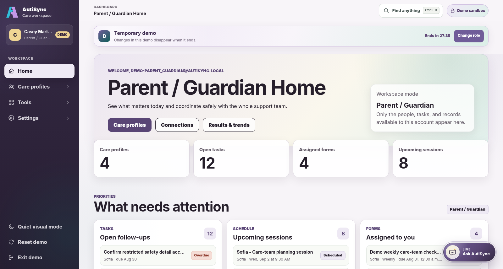 Current AutiSync Parent and Guardian dashboard in a wide laptop layout with fictional demo records