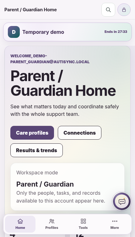 The same current AutiSync dashboard arranged for a phone, using fictional demo records