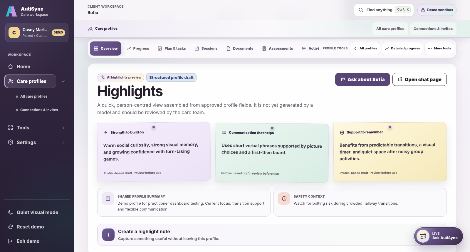 Current fictional care profile in the Parent and Guardian demo perspective