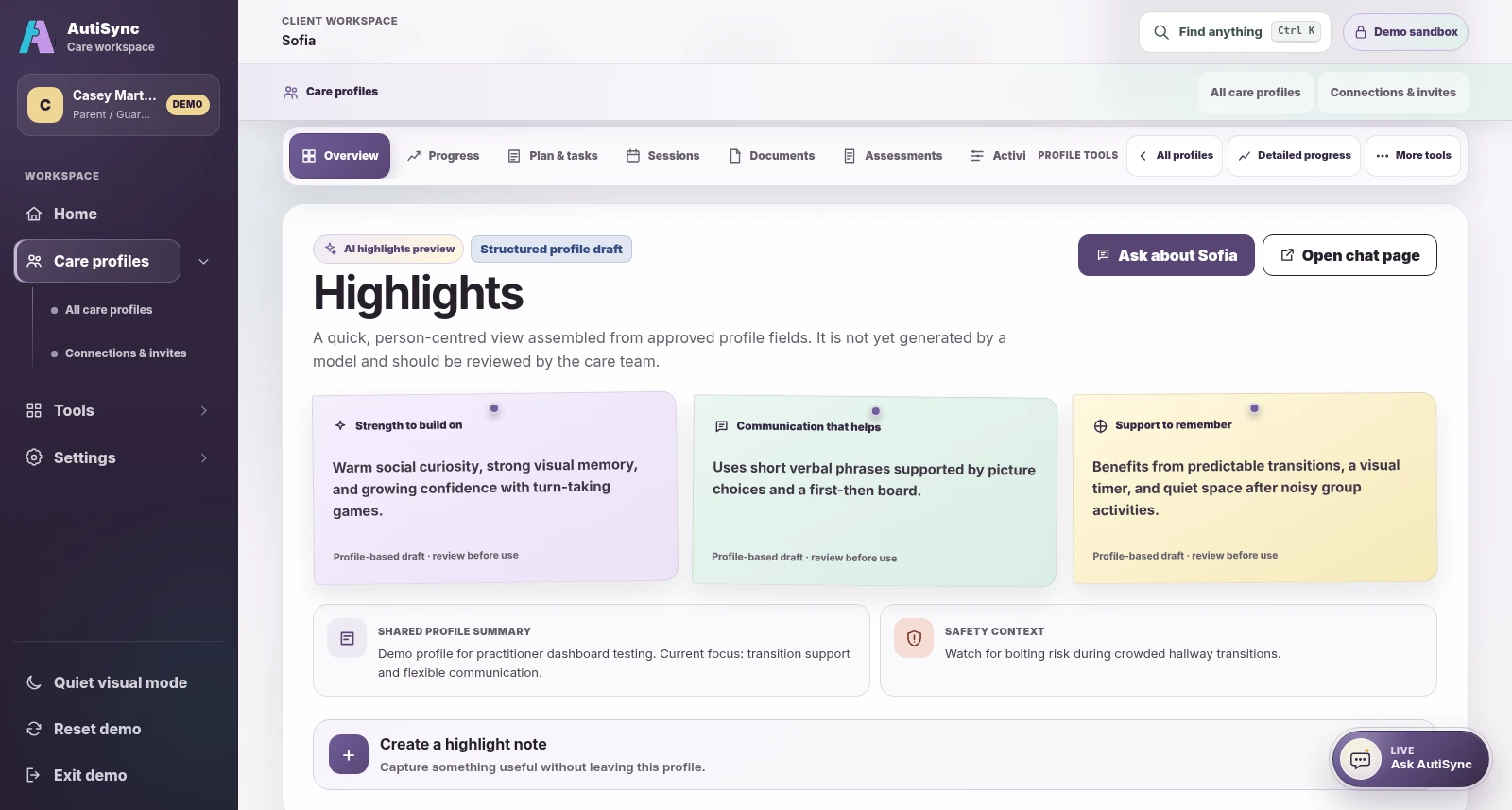Fictional care-profile highlights and the option to create a note.