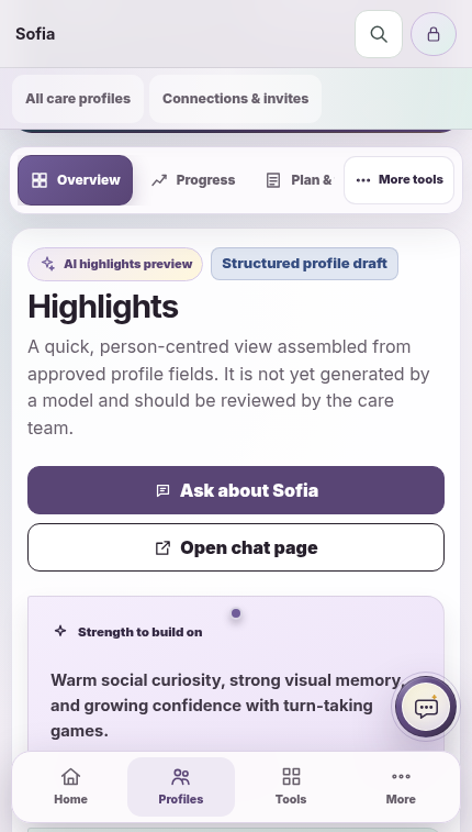Care profile highlights in the current Parent / Guardian demo