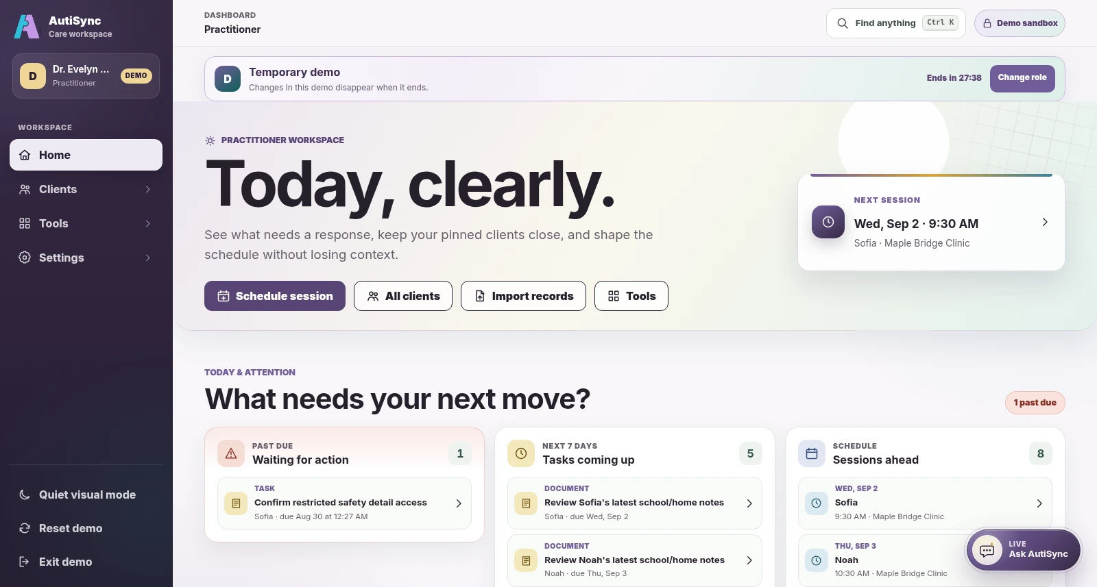 AutiSync practitioner demo dashboard with tasks and upcoming sessions.