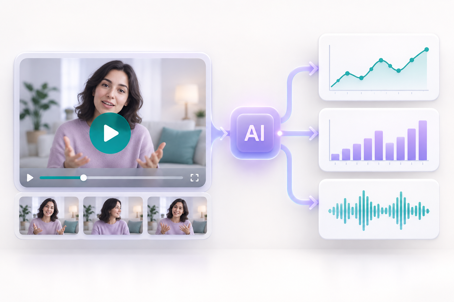 Video frames pass through AI processing to become graphs and an audio waveform.